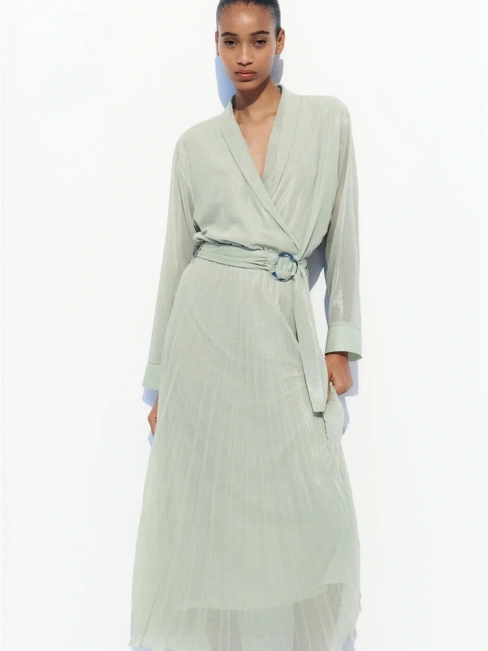 Zara Light Sage Green Wrap Robe Dress